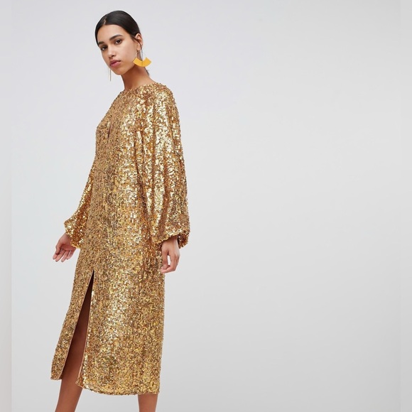 ASOS EDITION Sequin Midi Dress with Blouson Sleeve - Picture 2 of 11